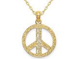 14K Yellow Gold Textured Peace Sign Charm Pendant Necklace with Chain